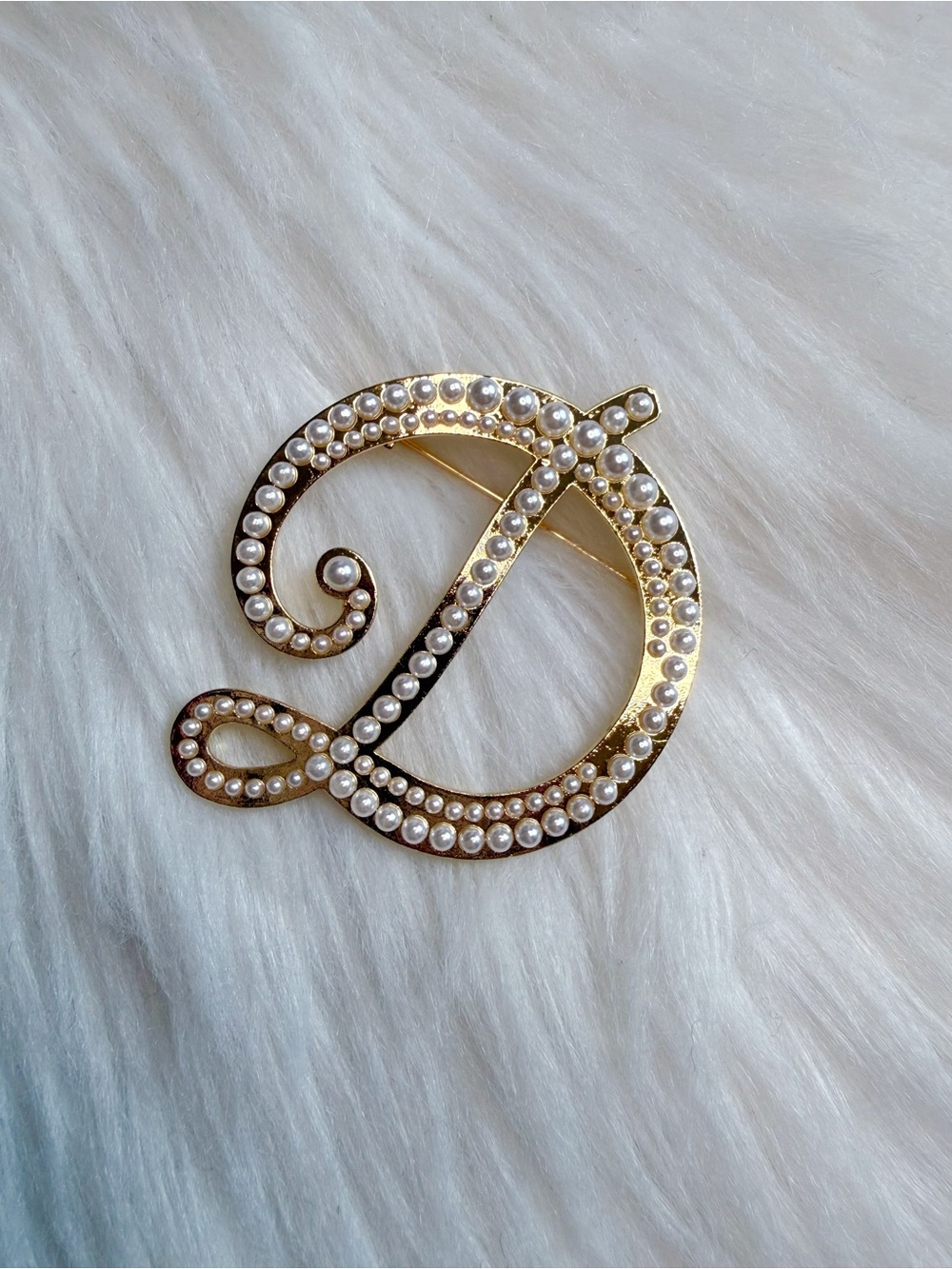 Letter D Initial Letter Pin Brooch with White Pearl Accents New